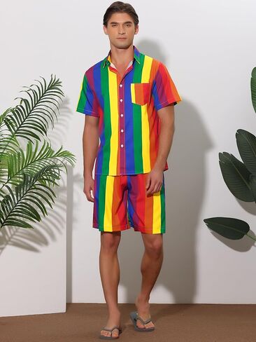 Lars Amadeus Stripe Hawaiian Sets for Men's 2 Pieces Short Sleeves Button Beach Shirt Shorts in Saudi Arabia