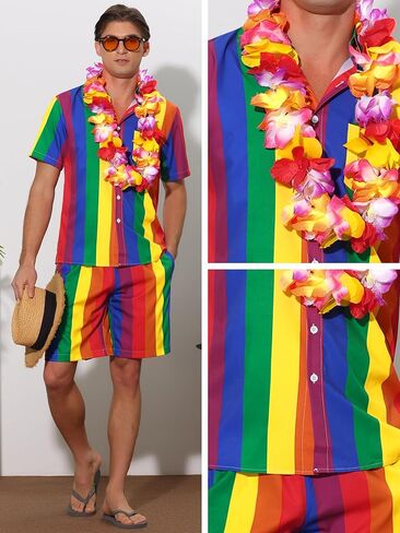 Lars Amadeus Stripe Hawaiian Sets for Men's 2 Pieces Short Sleeves Button Beach Shirt Shorts in Saudi Arabia
