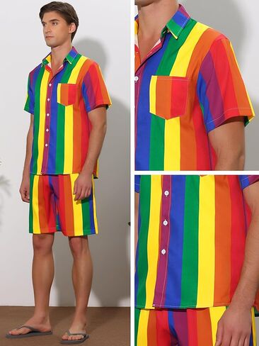 Lars Amadeus Stripe Hawaiian Sets for Men's 2 Pieces Short Sleeves Button Beach Shirt Shorts in Saudi Arabia