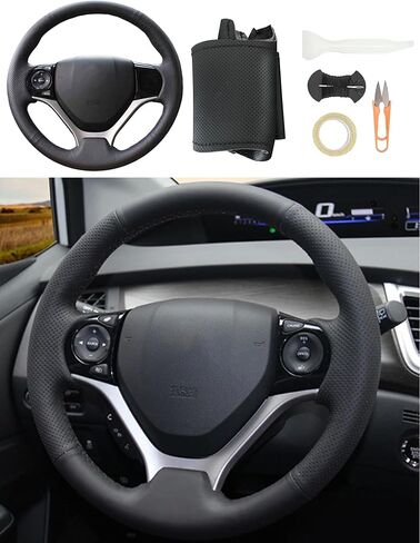 Car Steering Wheel Cover Microfiber Leather Stitch Wheel Wrap Fit for Honda Civic Civic 9 2012 2013 2014 2015,Black in Saudi Arabia