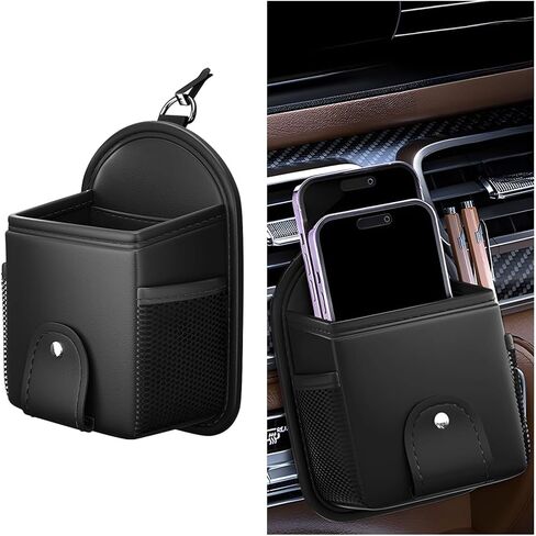 Car Air Vent Storage Organizer, Leather Air Outlet Sunglass Mount Phone Holder Hanging Bag with Hook, Auto Dashboard Storage Case for Coin Key Card, Universal for Vehicles (Black) in Saudi Arabia
