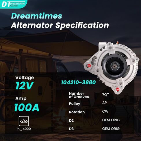 Dreamtimes High Output Alternator for-Toyota Camry 2004-2006 Highlander 2004-2007 Solara 2004-2008 for-Scion tC 2005-2010 L4 2.4L 100Amp 12V CW 7-Groove Pulley, OE Replacement # 104210-3880 in Saudi Arabia