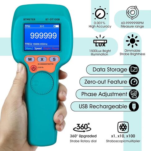 BTMETER Handheld Stroboscope 60~99999 RPM, Digital Strobe Light Tachometer BT-DT10S, Estroboscopio Non Contact Motor Engine Speed Analyzer Measure Hz Velocity w/High Accuracy 0.001% in Kuwait