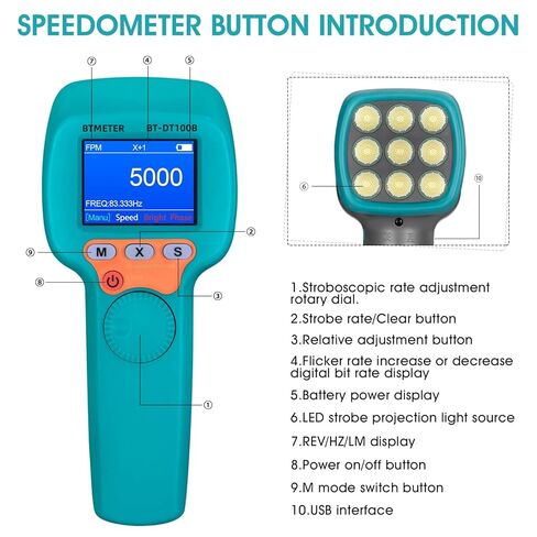 BTMETER Handheld Stroboscope 60~99999 RPM, Digital Strobe Light Tachometer BT-DT10S, Estroboscopio Non Contact Motor Engine Speed Analyzer Measure Hz Velocity w/High Accuracy 0.001% in Kuwait