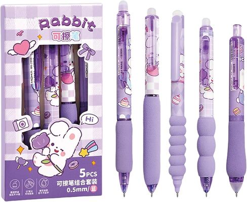 5 Pcs Erasable Gel Pens Cute Retractable Pens Cartoon Purple Writing Pen 0.5mm Blue Ink Erasable Pen for Women Girls Boys Office School Supplies (Purple Bunny-Blue Ink) in Saudi Arabia