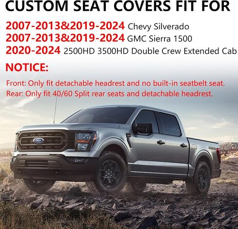 أغطية مقاعد جلدية من Truckiipa Silverado أغطية مقاعد السيارة وسادة واقية تناسب 2007-2024 Chevy Silverado GMC Sierra 1500، 2015-2024 2500HD 3500HD كابينة ممتدة للطاقم المزدوج، زوج أمامي، رمادي in Kuwait