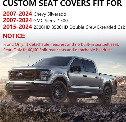 أغطية مقاعد جلدية من Truckiipa Silverado أغطية مقاعد السيارة وسادة واقية تناسب 2007-2024 Chevy Silverado GMC Sierra 1500، 2015-2024 2500HD 3500HD كابينة ممتدة للطاقم المزدوج، زوج أمامي، رمادي in Kuwait