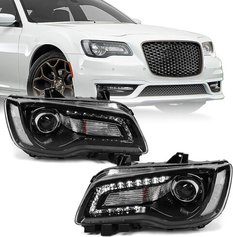 Projector Headlight Assembly Pair Compatible with Chrysler 300/300C 2015 2016 2017 2018 Halogen Headlamp with Bulbs w/LED DRL Black Housing & Clear Reflector Left Driver & Right Passenger Side in Saudi Arabia