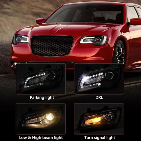 Projector Headlight Assembly Pair Compatible with Chrysler 300/300C 2015 2016 2017 2018 Halogen Headlamp with Bulbs w/LED DRL Black Housing & Clear Reflector Left Driver & Right Passenger Side in Saudi Arabia