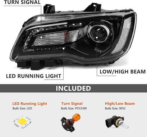 Projector Headlight Assembly Pair Compatible with Chrysler 300/300C 2015 2016 2017 2018 Halogen Headlamp with Bulbs w/LED DRL Black Housing & Clear Reflector Left Driver & Right Passenger Side in Saudi Arabia
