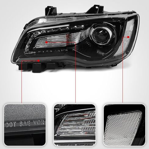 Projector Headlight Assembly Pair Compatible with Chrysler 300/300C 2015 2016 2017 2018 Halogen Headlamp with Bulbs w/LED DRL Black Housing & Clear Reflector Left Driver & Right Passenger Side in Saudi Arabia