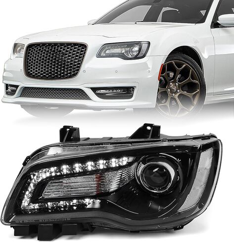 Projector Headlight Assembly Pair Compatible with Chrysler 300/300C 2015 2016 2017 2018 Halogen Headlamp with Bulbs w/LED DRL Black Housing & Clear Reflector Left Driver & Right Passenger Side in Saudi Arabia