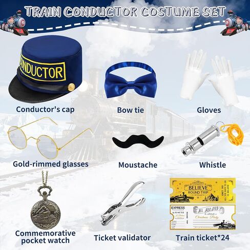32 PCS Christmas Train Conductor Costume Accessories,Conductor Hat Ticket Pocket Watch Train Whistle for Christmas Halloween Party in Saudi Arabia