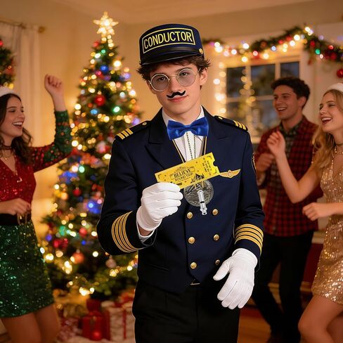 32 PCS Christmas Train Conductor Costume Accessories,Conductor Hat Ticket Pocket Watch Train Whistle for Christmas Halloween Party in Saudi Arabia