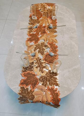 Fall Leaf Embroidered Table Runner 36 Inches for Thanksgiving and Autumn Harvest Decoration (16''x36'', Coffee colored maple leaves) in Saudi Arabia