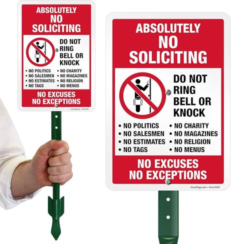 SmartSign 10" x 7" 'Absolutely No Soliciting Do Not Ring Bell No Excuses No Exceptions' Metal Sign, 40 mil Aluminum 3M Laminated Engineer Grade Reflective Material, Red/Black/White, USA-Made in Saudi Arabia