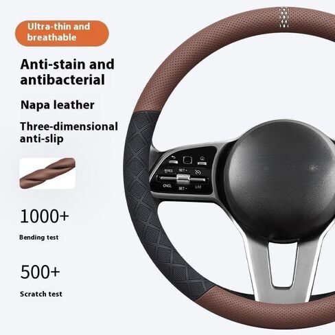 Ultra-Thin Napa Leather Steering Wheel Cover with 3D Anti-Slip Diamond Grip, Breathable Non-Bulky Design, Universal Fit 15 Inch for Cars & SUVs in Saudi Arabia