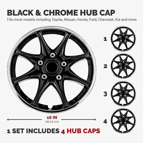 Pilot Automotive WH522-16C-B-AM 16 Inch Black & Chrome Universal Hubcap Wheel Covers For Cars - Set Of 4 - Fits Most Cars in Saudi Arabia