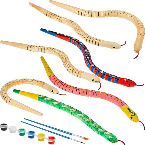 BBTO 10 Pieces Wooden Snake Bulk Jointed Flexible Unfinished Wooden Wiggly Snake with 12 Colors Acrylic Craft Paint and Paint Brush for Arts and Crafts Reptile Party Decoration in Saudi Arabia