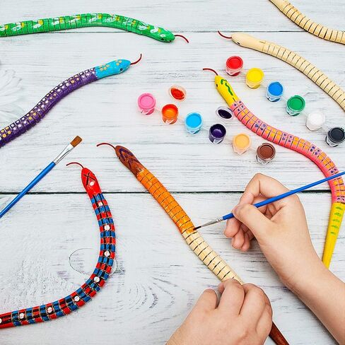 BBTO 10 Pieces Wooden Snake Bulk Jointed Flexible Unfinished Wooden Wiggly Snake with 12 Colors Acrylic Craft Paint and Paint Brush for Arts and Crafts Reptile Party Decoration in Saudi Arabia