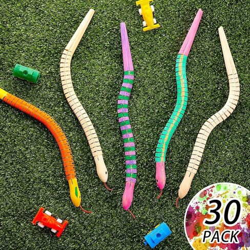 BBTO 10 Pieces Wooden Snake Bulk Jointed Flexible Unfinished Wooden Wiggly Snake with 12 Colors Acrylic Craft Paint and Paint Brush for Arts and Crafts Reptile Party Decoration in Saudi Arabia