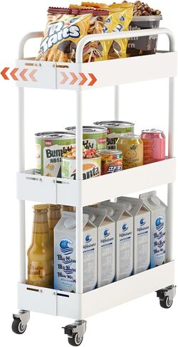 HOTEAGLE 3-Tier Rolling Cart عربات معدنية قابلة للتوسيع مع عجلات، منظم تخزين مثالي لغرفة المعيشة وغرفة النوم والمطبخ والحمام، أبيض in Kuwait