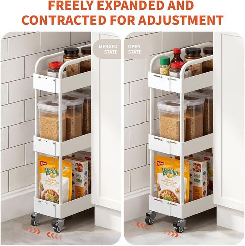 HOTEAGLE 3-Tier Rolling Cart عربات معدنية قابلة للتوسيع مع عجلات، منظم تخزين مثالي لغرفة المعيشة وغرفة النوم والمطبخ والحمام، أبيض in Kuwait