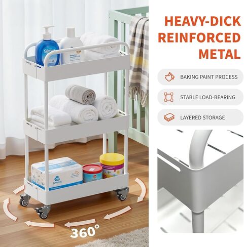 HOTEAGLE 3-Tier Rolling Cart عربات معدنية قابلة للتوسيع مع عجلات، منظم تخزين مثالي لغرفة المعيشة وغرفة النوم والمطبخ والحمام، أبيض in Kuwait