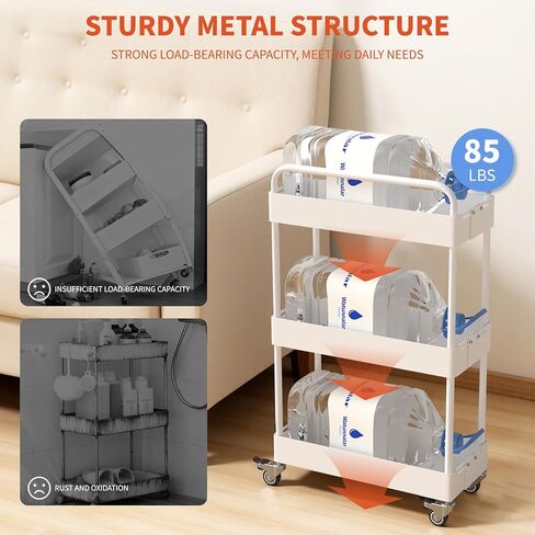 HOTEAGLE 3-Tier Rolling Cart عربات معدنية قابلة للتوسيع مع عجلات، منظم تخزين مثالي لغرفة المعيشة وغرفة النوم والمطبخ والحمام، أبيض in Kuwait