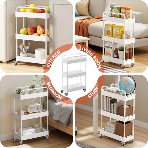 HOTEAGLE 3-Tier Rolling Cart عربات معدنية قابلة للتوسيع مع عجلات، منظم تخزين مثالي لغرفة المعيشة وغرفة النوم والمطبخ والحمام، أبيض in Kuwait
