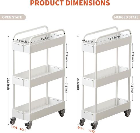 HOTEAGLE 3-Tier Rolling Cart عربات معدنية قابلة للتوسيع مع عجلات، منظم تخزين مثالي لغرفة المعيشة وغرفة النوم والمطبخ والحمام، أبيض in Kuwait