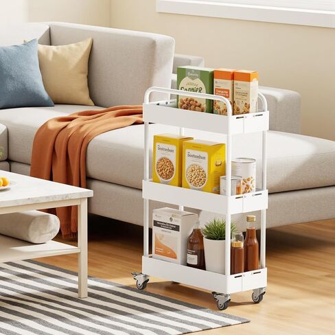 HOTEAGLE 3-Tier Rolling Cart عربات معدنية قابلة للتوسيع مع عجلات، منظم تخزين مثالي لغرفة المعيشة وغرفة النوم والمطبخ والحمام، أبيض in Kuwait