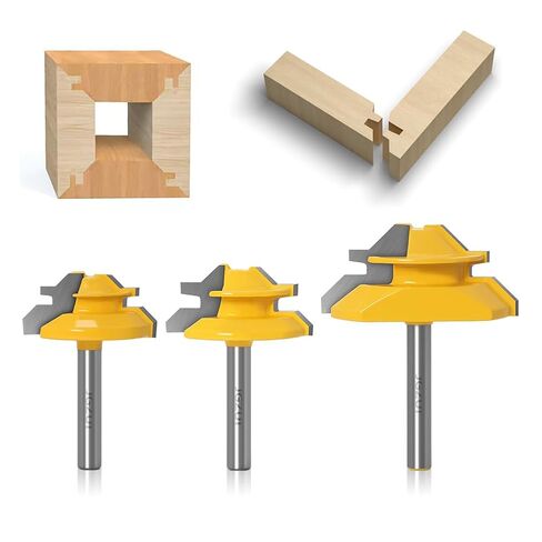45 Degree Lock Miter Router Bits 1/4" Shank 3Pcs, C3 Carbide Set | 3 piece lock miter set, 1/4 inch shank, C3 tungsten carbide, 3/4 to 1-1/8 inch stock, cabinet joints, seamless corners in Saudi Arabia