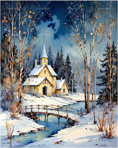 Winter Landscape Paint by Numbers Kit for Adults - DIY Snowy Church and Bridge Painting on Canvas 16x20In, Acrylic Paint Set, Suitable for Beginners, Art for Home Decoration or Gifts in Saudi Arabia