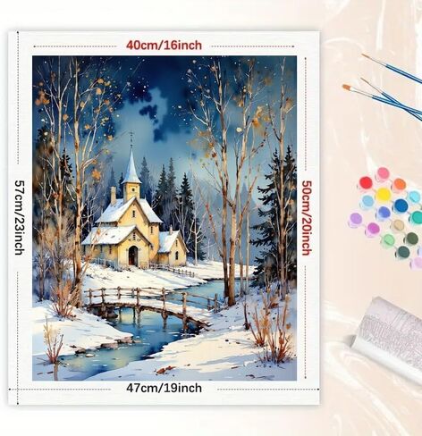 Winter Landscape Paint by Numbers Kit for Adults - DIY Snowy Church and Bridge Painting on Canvas 16x20In, Acrylic Paint Set, Suitable for Beginners, Art for Home Decoration or Gifts in Saudi Arabia