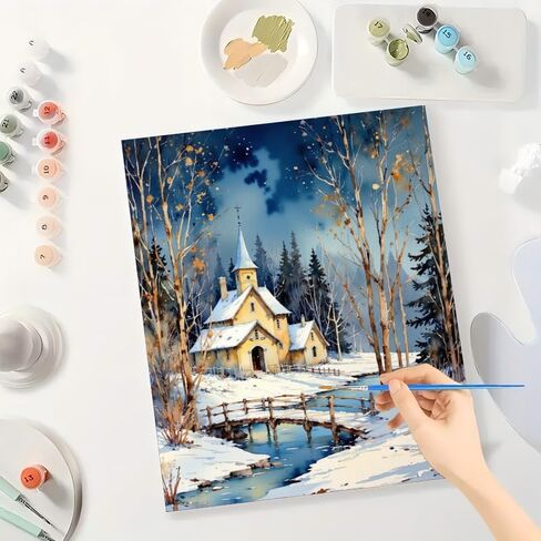 Winter Landscape Paint by Numbers Kit for Adults - DIY Snowy Church and Bridge Painting on Canvas 16x20In, Acrylic Paint Set, Suitable for Beginners, Art for Home Decoration or Gifts in Saudi Arabia
