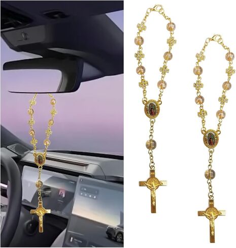 2PCS Car Rearview Mirror Rosary Decor, Personalized Decoration Protection Pendant, Car Interior Hanging Accessories, Auto Rear View Mirror Charm for Women Men (Golden) in Saudi Arabia