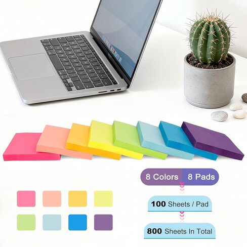 Sticky Notes 3x3 inch 800 Sheets Bright Colors Self-Stick Note Pads for Notebook Office School Supplies Classroom Desk Accessories Teacher Supplies Coworkers Accessories 100Sheets/pad 8 Pads in Saudi Arabia