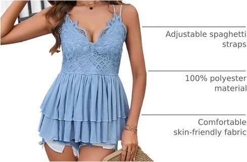 SEMATOMALA Women's Floral Lace Babydoll Tank Top Flowy V Neck Spaghetti Strap Peplum Summer Cami Sleeveless Shirts in Kuwait