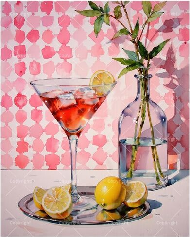 Cocktail Drink Paint by Numbers Kit for Adults - DIY Martini Glass with Lemons Painting on Canvas 16x20In, Acrylic Paint Set, Suitable for Beginners, Kitchen Art for Home Decoration or Gifts in Saudi Arabia