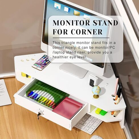 حامل شاشة زاوية أبيض من ROYUMI مع درج، حامل شاشة مثلث مع قفل، حامل شاشة كمبيوتر مريح، حامل مكتب تخزين مثلث in Kuwait