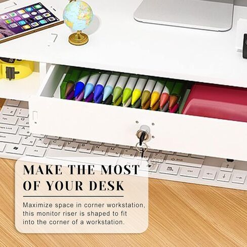 حامل شاشة زاوية أبيض من ROYUMI مع درج، حامل شاشة مثلث مع قفل، حامل شاشة كمبيوتر مريح، حامل مكتب تخزين مثلث in Kuwait