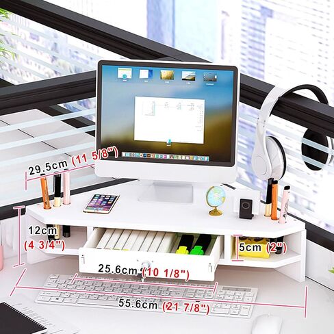 حامل شاشة زاوية أبيض من ROYUMI مع درج، حامل شاشة مثلث مع قفل، حامل شاشة كمبيوتر مريح، حامل مكتب تخزين مثلث in Kuwait