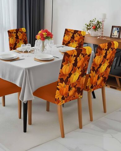 Fall Maple Leaves Chair Covers Set of 6,Thanksgiving Pumpkin Dining Room Chair Cover,Autumn Orange Watercolor Removable Washable Kitchen Chair Covers Decorative Chair Protector for Party Holiday in Kuwait