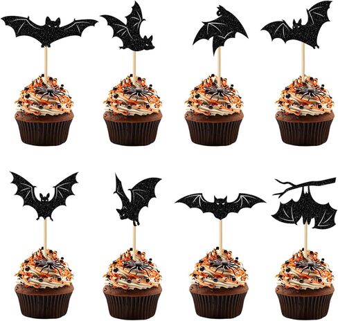 24 Pack Halloween Cupcake Toppers Set, Black Glitter Bat Cupcake Picks for Baby Shower, Halloween and Birthday Party Decorations Supplies (Bat) in Saudi Arabia