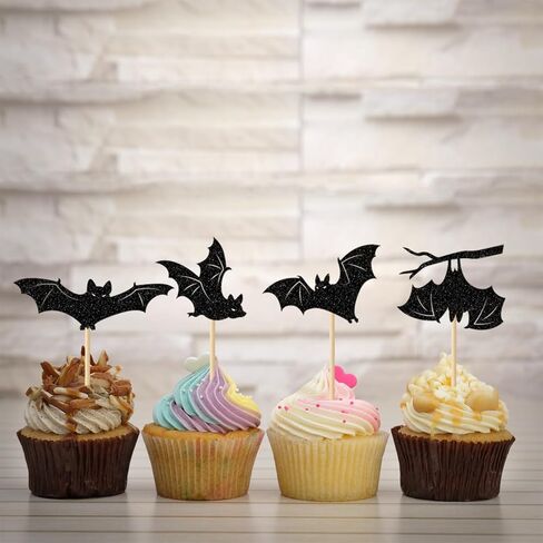 24 Pack Halloween Cupcake Toppers Set, Black Glitter Bat Cupcake Picks for Baby Shower, Halloween and Birthday Party Decorations Supplies (Bat) in Saudi Arabia