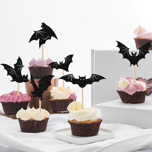 24 Pack Halloween Cupcake Toppers Set, Black Glitter Bat Cupcake Picks for Baby Shower, Halloween and Birthday Party Decorations Supplies (Bat) in Saudi Arabia