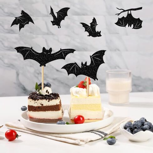 24 Pack Halloween Cupcake Toppers Set, Black Glitter Bat Cupcake Picks for Baby Shower, Halloween and Birthday Party Decorations Supplies (Bat) in Saudi Arabia