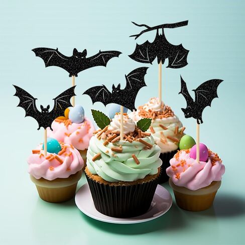 24 Pack Halloween Cupcake Toppers Set, Black Glitter Bat Cupcake Picks for Baby Shower, Halloween and Birthday Party Decorations Supplies (Bat) in Saudi Arabia