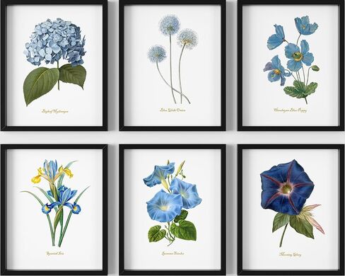لوحة فنية جدارية على شكل زهرة زرقاء - ديكور حائط زهري عتيق - مطبوعات نباتية - صور زهور بألوان مائية - عمل فني لغرفة النوم، وغرفة المعيشة، والمزرعة - مجموعة من 6-11x14 - غير مؤطرة in Kuwait